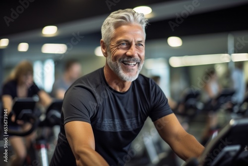 Lifestyle portrait photography of a satisfied mature man doing spinning in a cycling studio. With generative AI technology