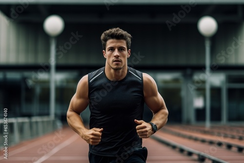 Medium shot portrait photography of a fitness boy in his 30s running on an athletics track. With generative AI technology