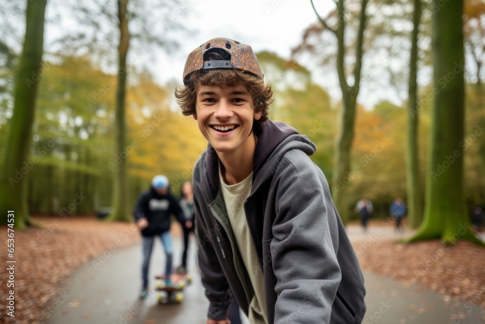 Lifestyle portrait photography of a relaxed boy in his 20s skating in a park. With generative AI technology