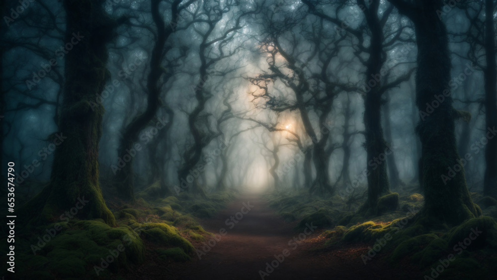 Halloween-themed, Spooky Forest: A background showcasing a dense and dark forest with twisted trees, glowing eyes, and an air of mystique, generative Ai