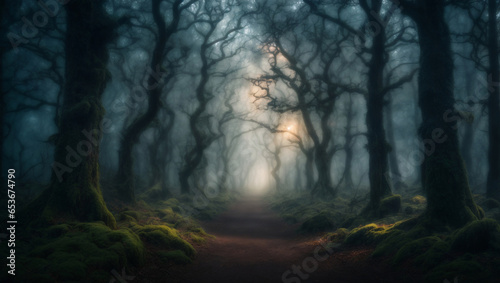 Halloween-themed  Spooky Forest  A background showcasing a dense and dark forest with twisted trees  glowing eyes  and an air of mystique  generative Ai