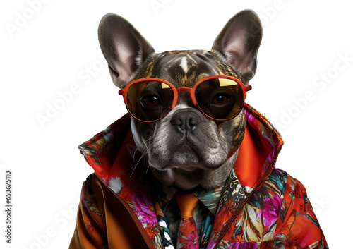 dog wearing funky fashion yellow jacket, tie and sunglasses. © suthiwan