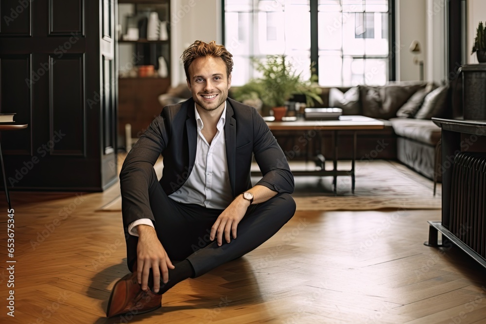 Portrait of young businessman smiling at camera and sitting on floor by table in living room - Generative AI Portrait of young businessman smiling at camera and sitting on floor by table in living room - Generative AI