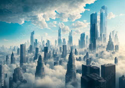 Futuristic cityscape with skyscrapers and blue cloudy sky © Anton Dios