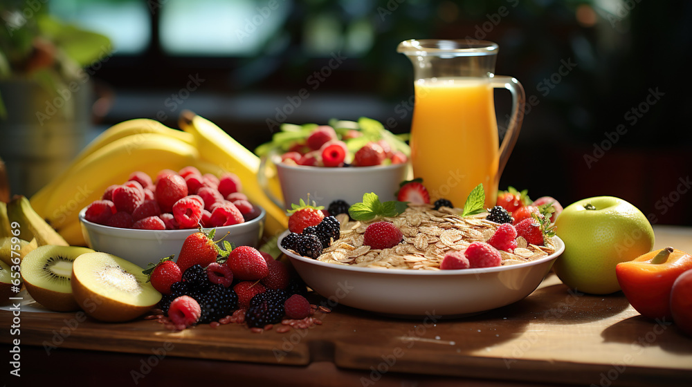 Healthy rich breakfast with fruits and vegetables, smoothie, yogurt, strawberries and kiwi. Healthy eating