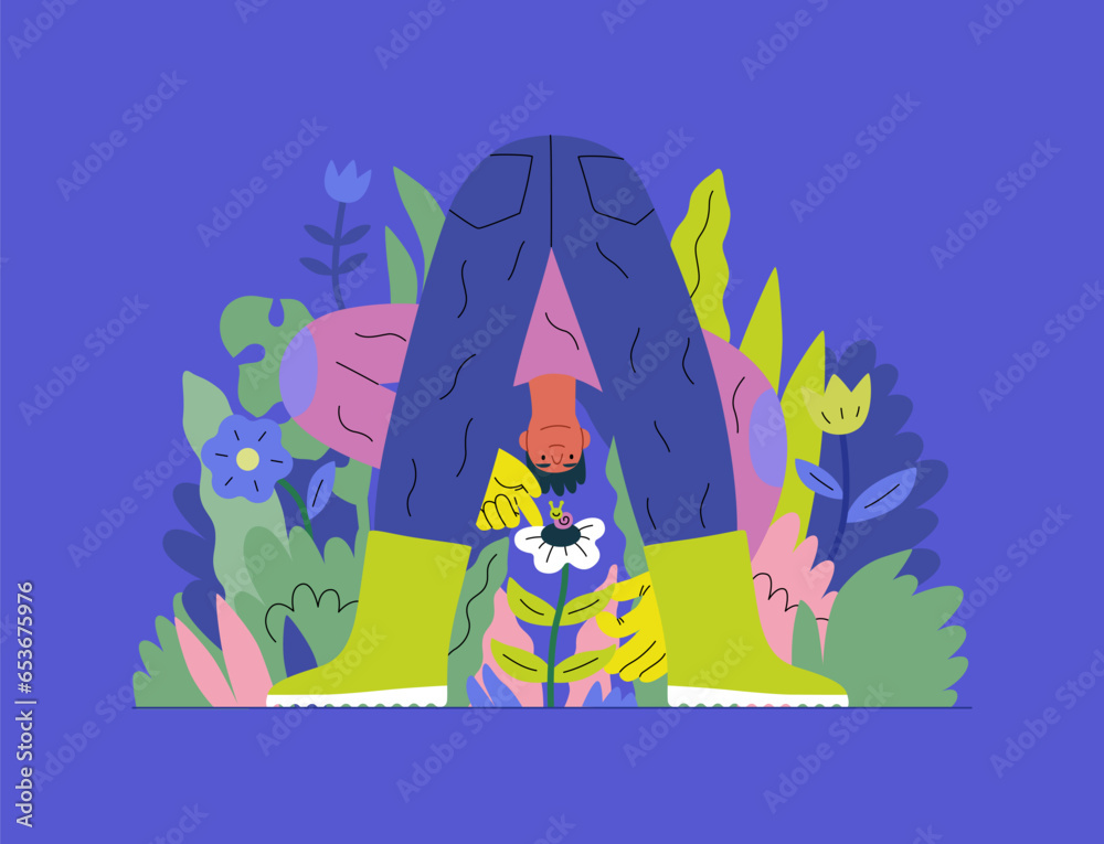 Naklejka premium Greenery, ecology -modern flat vector concept illustration of a male gardener carrying the plants. Metaphor of environmental sustainability and protection, closeness to nature