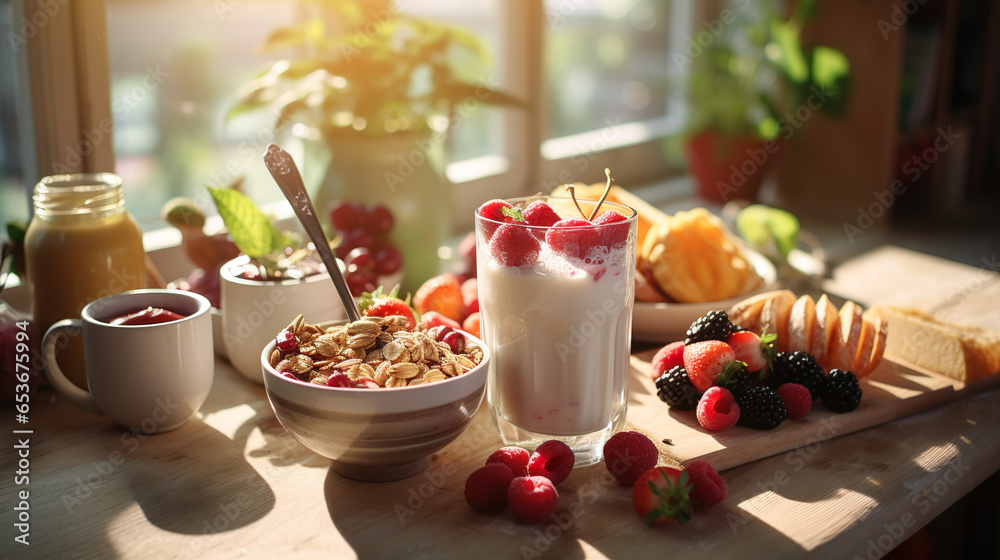 Healthy rich breakfast with fruits and vegetables, smoothie, yogurt, strawberries and kiwi. Healthy eating | Generative AI - obrazy, fototapety, plakaty 