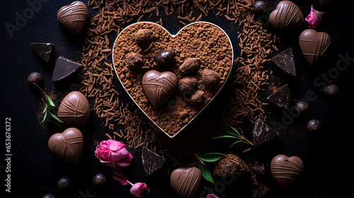 Cocoa confession: Heart-shaped chocolates capture sweet declarations in a romantic, indulgent setting. photo