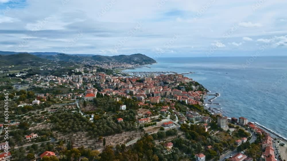 Italy coastline Port Maurice city aerial shot Italy coastline Port Maurice city aerial shot