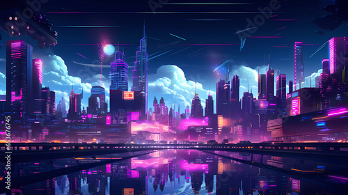 Cyberpunk Retro Futuristic City. Blurred background with neon lights. Cyber punk theme, urban landscape.