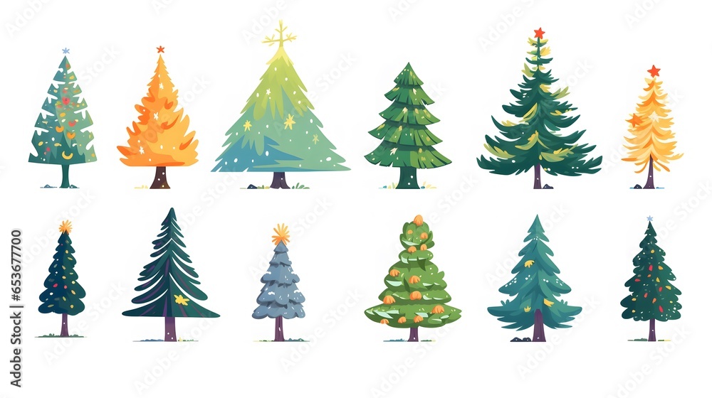 Collection of Christmas trees Colorful vector illustration in flat cartoon style