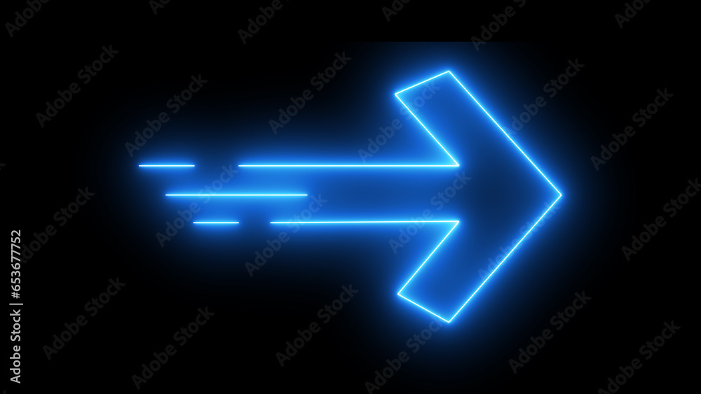 Bue color arrow points to the right. Flashing neon icon to the right arrow. - obrazy, fototapety, plakaty 