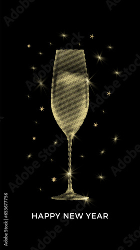 Holiday and New Year greeting card with glass of champagne and stars. Black background and gold colors. Elegant banner