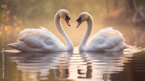 Swan pair on mirror-like lake, reflecting love in serene dawn light ambiance.