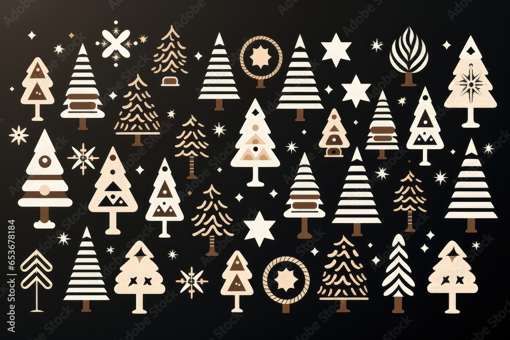 An abstract festive background image for Christmas, featuring iconic representations of stars, Christmas trees, and snowflakes, creating a holiday-inspired design. Illustration