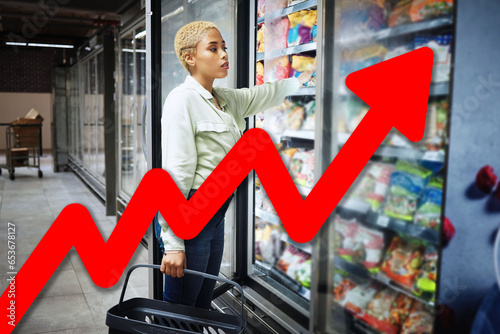 Inflation chart, double exposure and finance for woman thinking, grocery store and budget decision for product. Girl, customer experience and cost of living crisis with arrow, graph and negative gdp