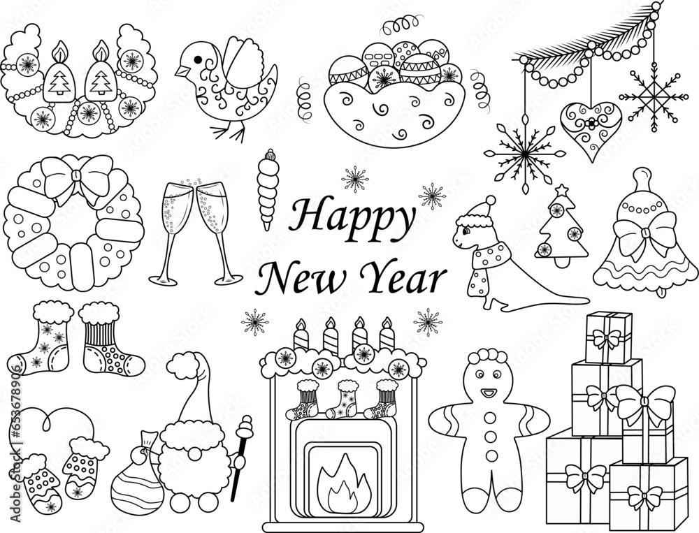 Cute Christmas doodle illustrations, dragon, dinosaur, fireplace, Christmas decorations, snowflakes and more, vector image, EPS 10