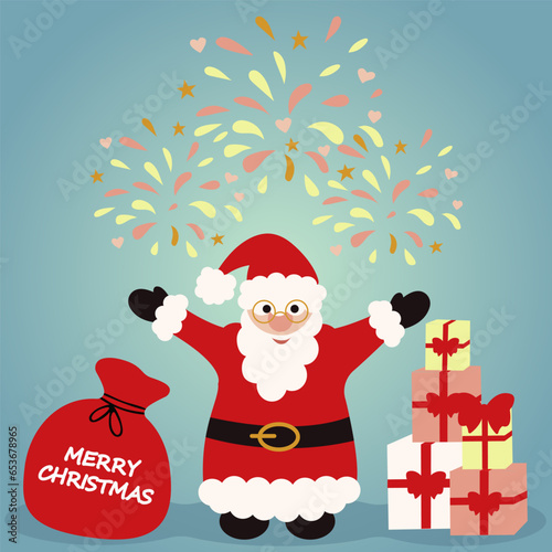 Merry Christmas and Happy New Year. Set of Santa Claus with cartoon character with Christmas tree, fevek, gift and gift bag for Christmas. Vector illustration on background, EPS 10.