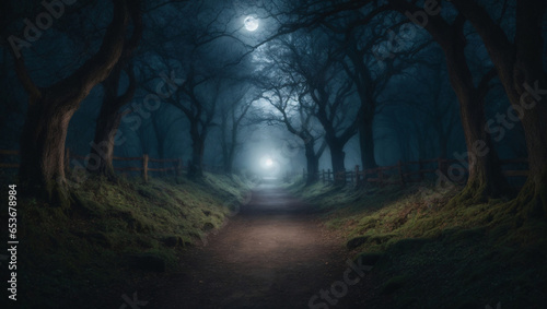 Halloween-themed  Spooky Moonlit Path  A pathway illuminated by a full moon  surrounded by gnarled trees  mysterious shadows  and an air of anticipation  generative Ai