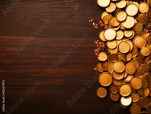 Gold coins on brown background with copy text space - ai generative