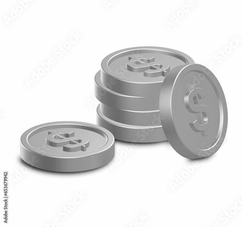 stacked 3d coins dollar render multiple angles minimal crypto style business tech animated silver money shiny metal matte inflation debt interest savings finance trade banking isolated background