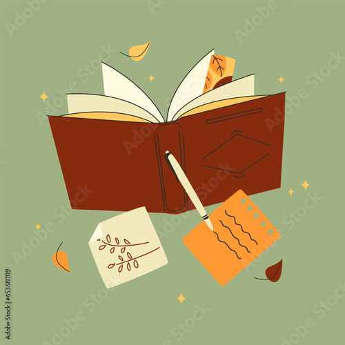 Notebooks, notepads, memo pads, planners, organizers for making writing notes and jotting isolated on green background, fall autumn reading vibe. Colorful vector illustration in flat style