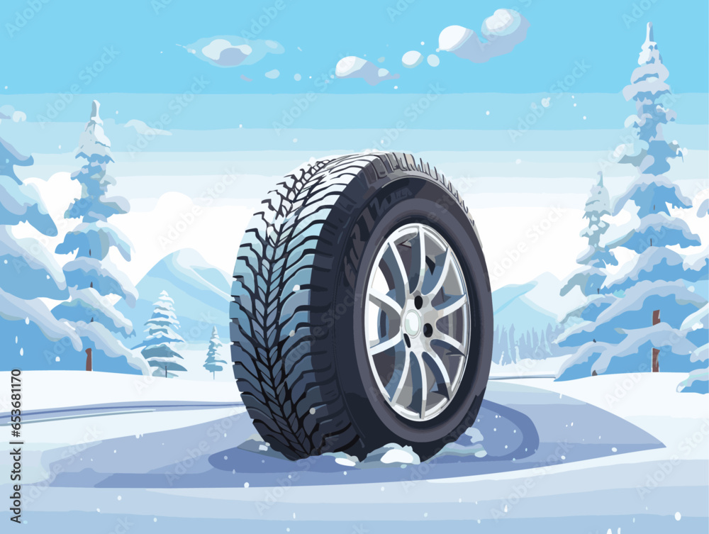 Advertising poster about tires. Winter road. Winter landscape. Landscape banner, digital print, flyer, booklet, brochure web design.