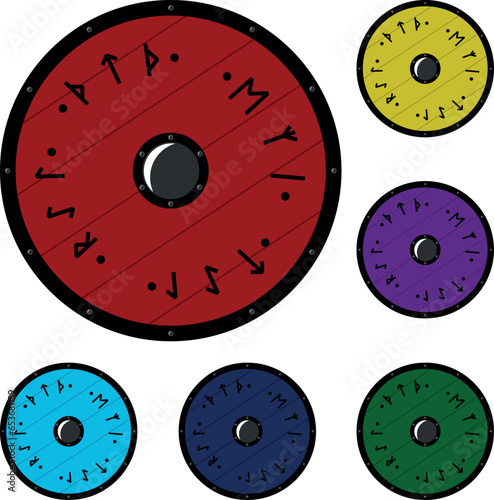 Set of differently colored runic shields, flat icons