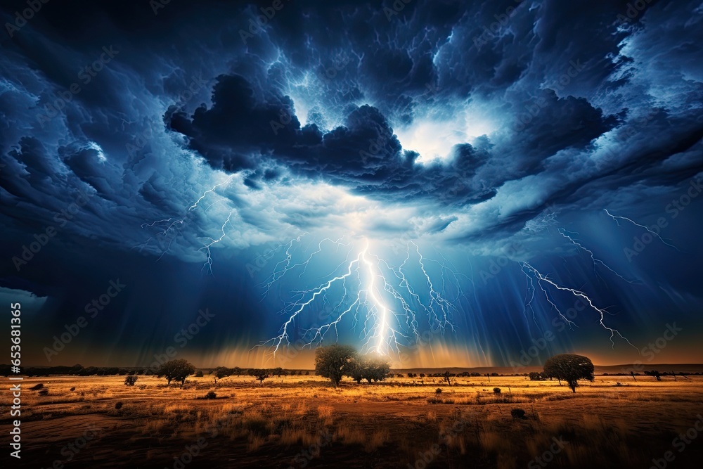 Lightning strikes the trees from the blue clouds. Beautiful nature. Natural landscape.