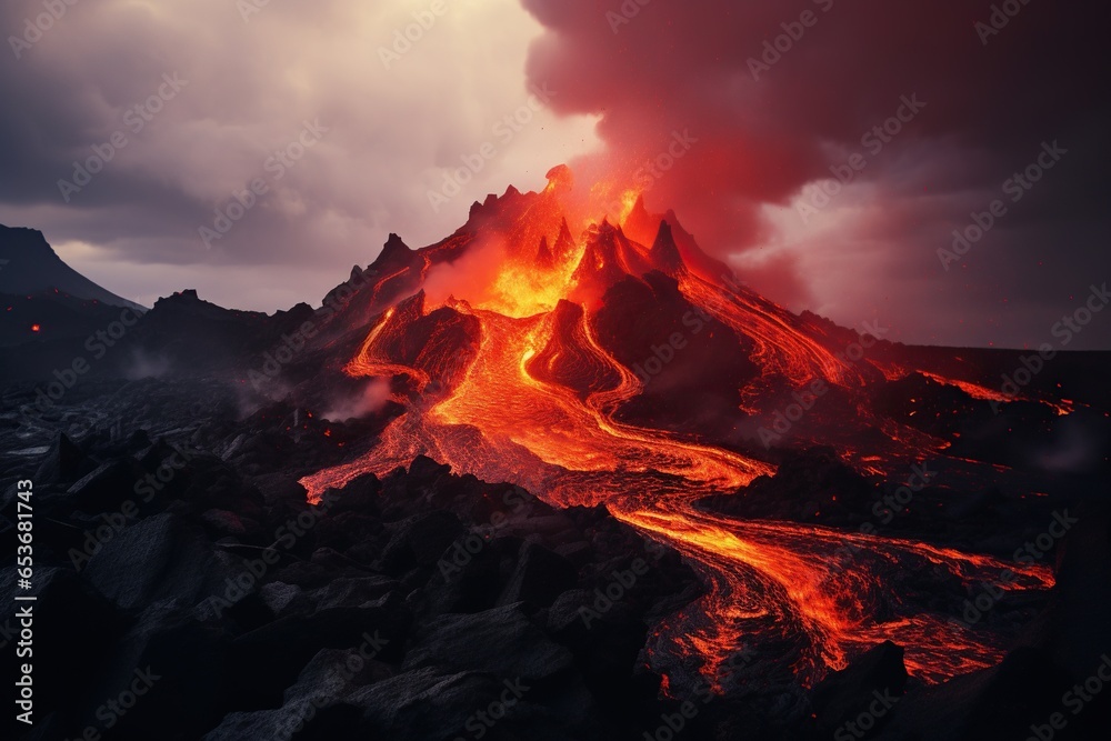 Volcanic eruption with red lava and smoke. Beautiful nature. Natural landscape. 