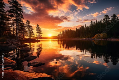 A large lake in the middle of the forest against the background of the setting sun and sky. Beautiful nature. Natural landscape. 