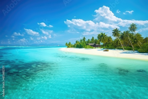 Beautiful beach with palm island. Generative AI. © Jamoliddin