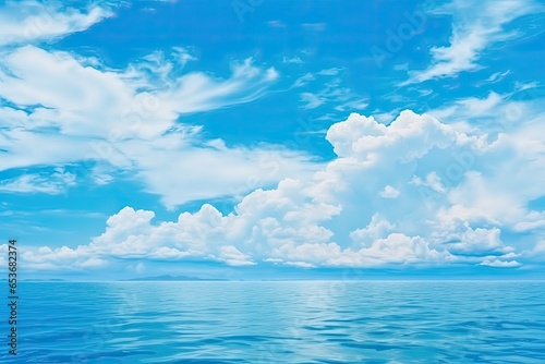 Beautiful sea and ocean with clouds on blue sky. Generative AI.