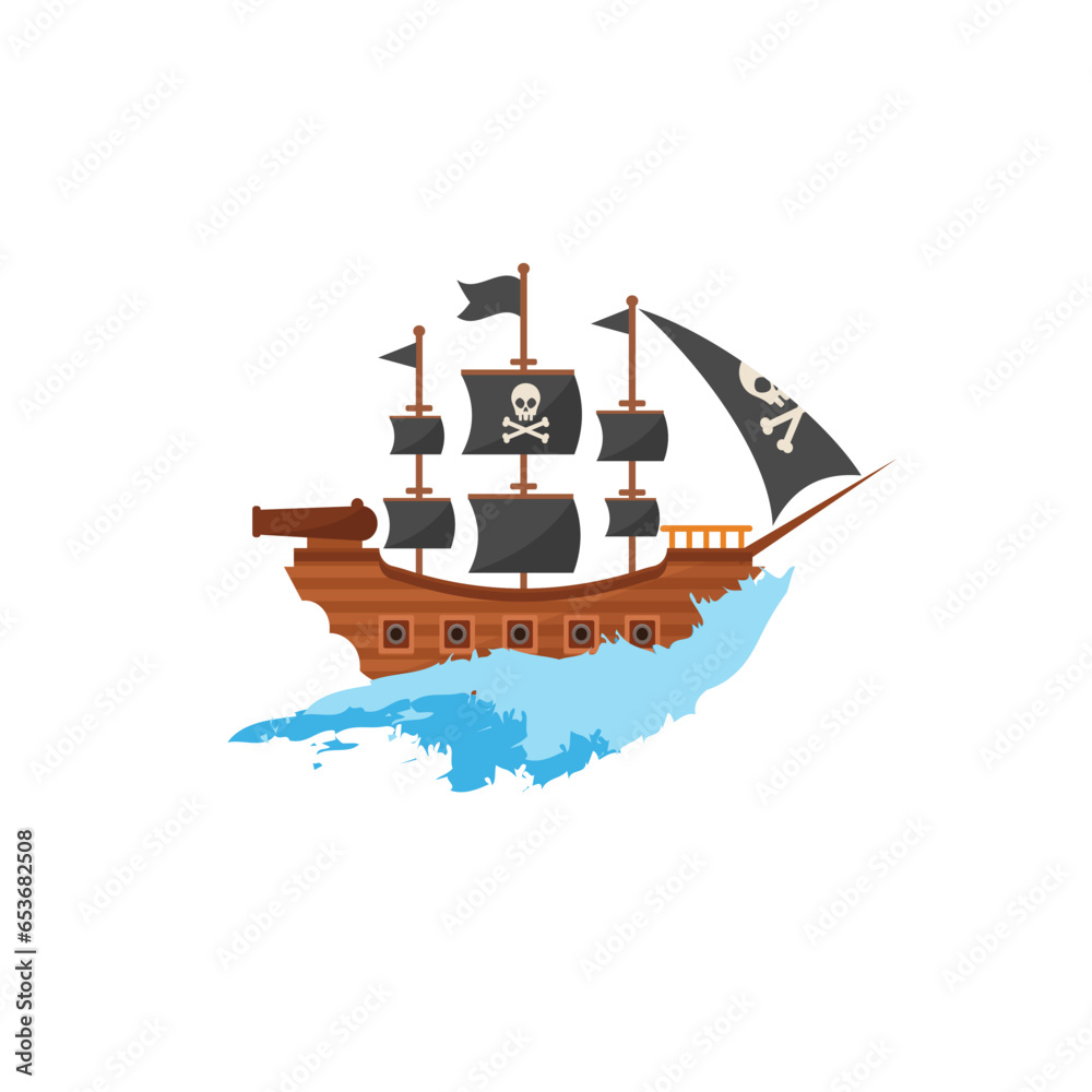 Wooden pirate buccaneer filibuster corsair sea dog ship icon game isolated flat design illustration