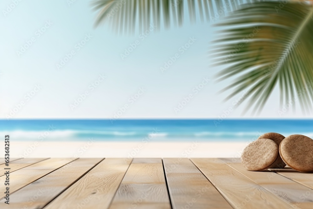 Fototapeta premium Free photo wooden table looking out to a beach. Generative AI.