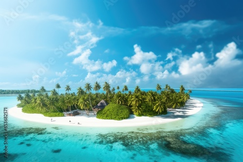 Paradise island with palms on the blue skies. Generative AI. © Jamoliddin
