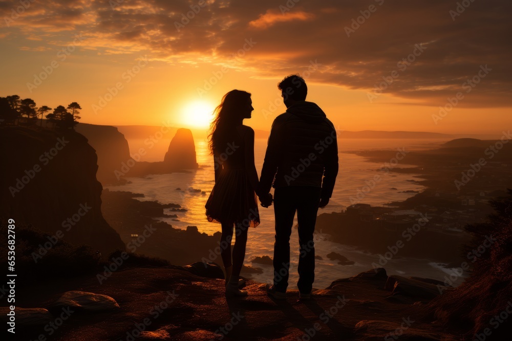 Couple's silhouettes holding hands at the edge of a cliff at sunset, Generative AI
