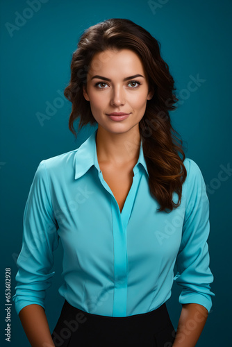 Woman in blue shirt posing for picture with her hands on her hips.
