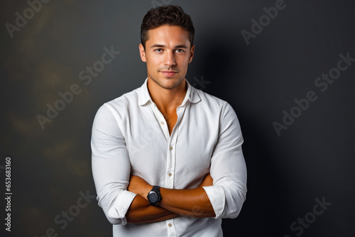 Man with his arms crossed posing for picture with his arms crossed.
