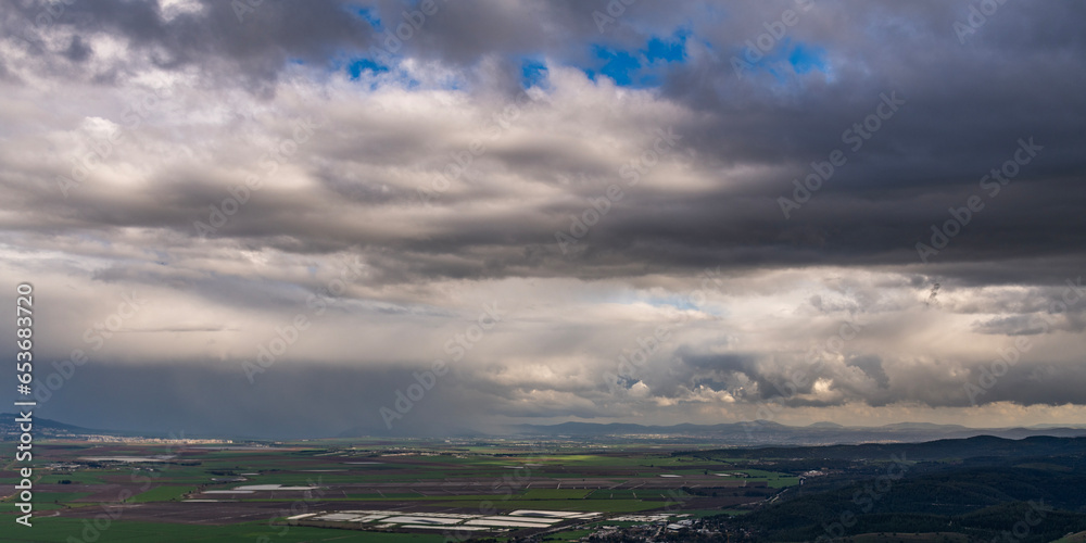 Panoramic view of the Jezreel Valley from the Carmel Mountain at Muhraqa viewpoint.
