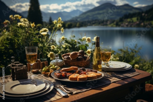 Romantic picnic with a view of a picturesque lake and mountains, Generative AI