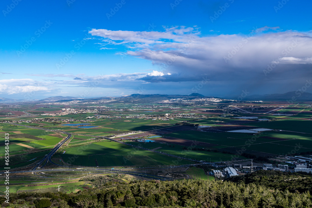 View of the Jezreel Valley from the Carmel Mountain at Muhraqa viewpoint.
