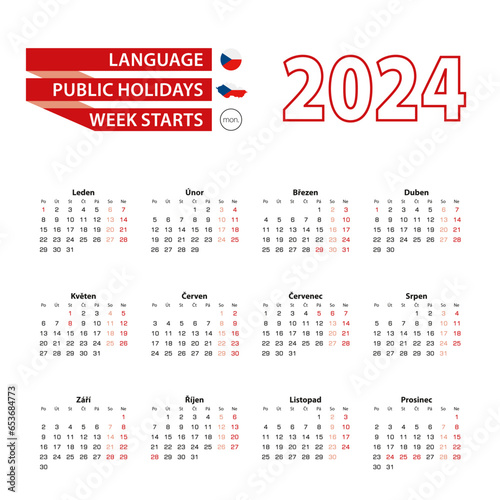 Calendar 2024 in Czech language with public holidays the country of Czech Republic in year 2024.