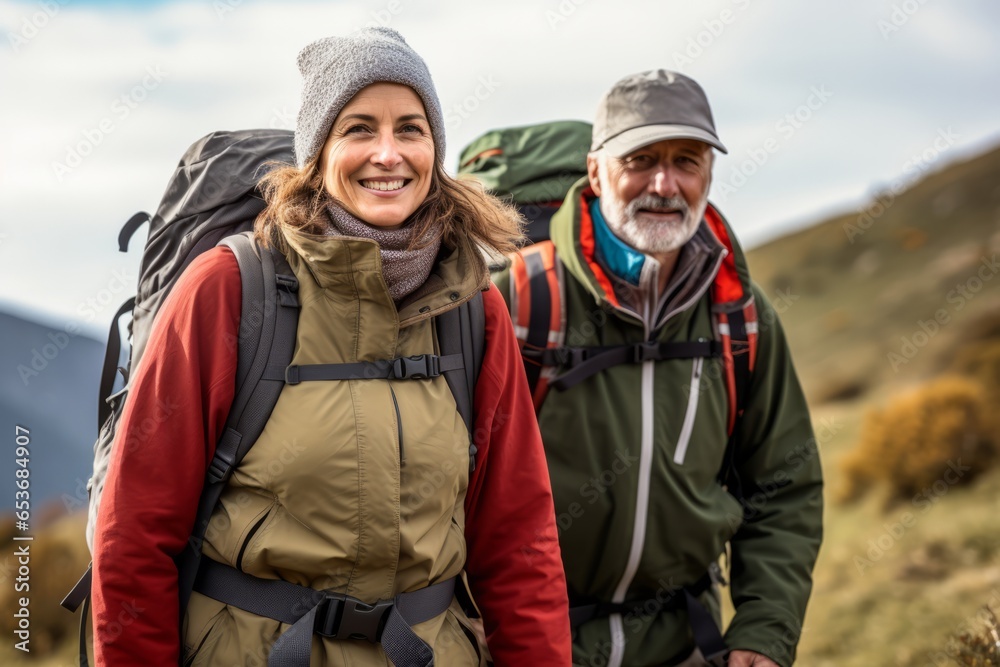 Grandfather and grandmother in mountain gear are traveling in the mountains. Travel concept. generative ai. Grandfather and grandmother in mountain gear are traveling in the mountains. Travel concept. generative ai.