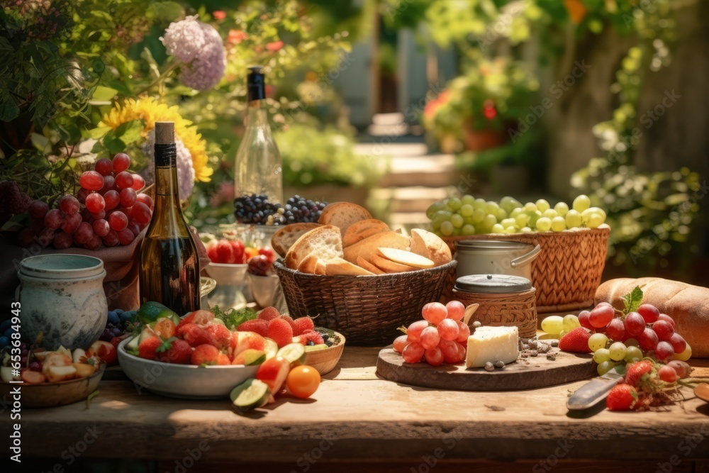The table is filled with different fruits in the garden. Reading hobby concept. generative ai. The table is filled with different fruits in the garden. Reading hobby concept. generative ai.