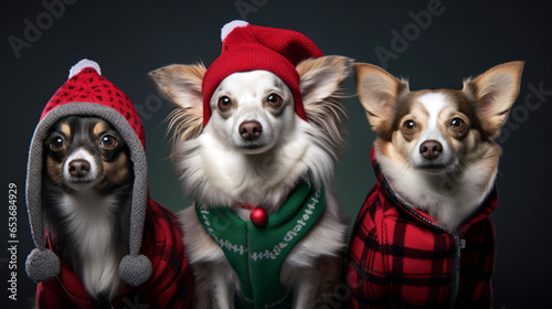 three small dogs dressed in winter clothes
