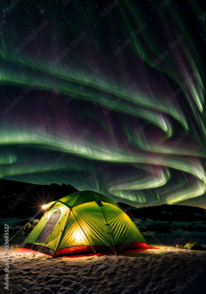 Frozen Serenity: Campsite Bathed in Northern Lights