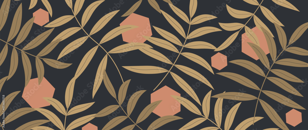 Abstract luxury artistic background with tropical palm leaves with watercolor brush strokes and geometric shapes. Botanical banner with exotic plants for design wallpaper, decor, print, textile Abstract luxury artistic background with tropical palm leaves with watercolor brush strokes and geometric shapes. Botanical banner with exotic plants for design wallpaper, decor, print, textile