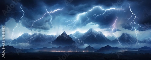 Landscape storm view on lightning bolts, bad weather, climate change, panorama. Generative ai. © annamaria