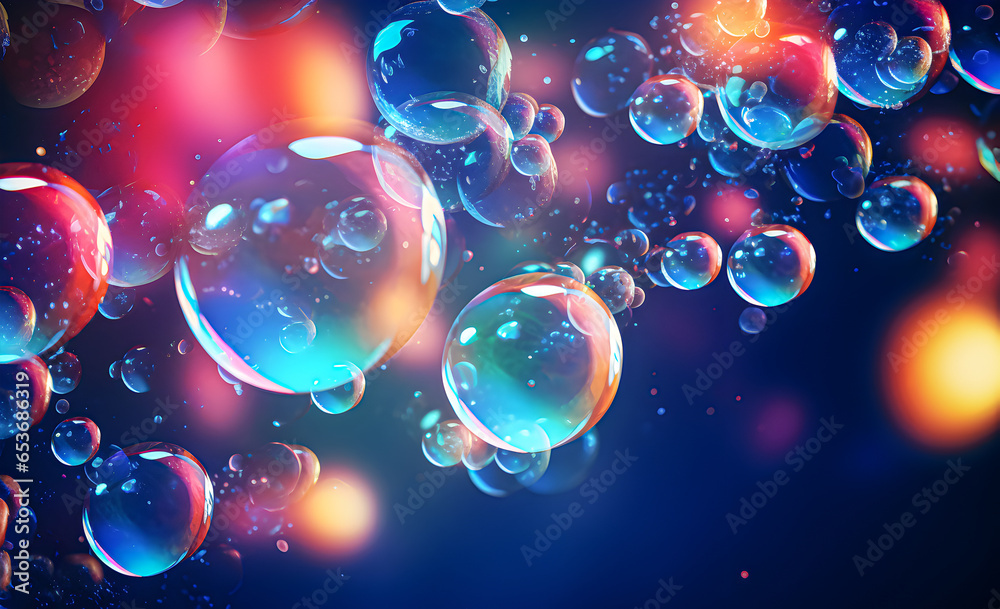 Abstract background with flying bubbles on a colorful background.